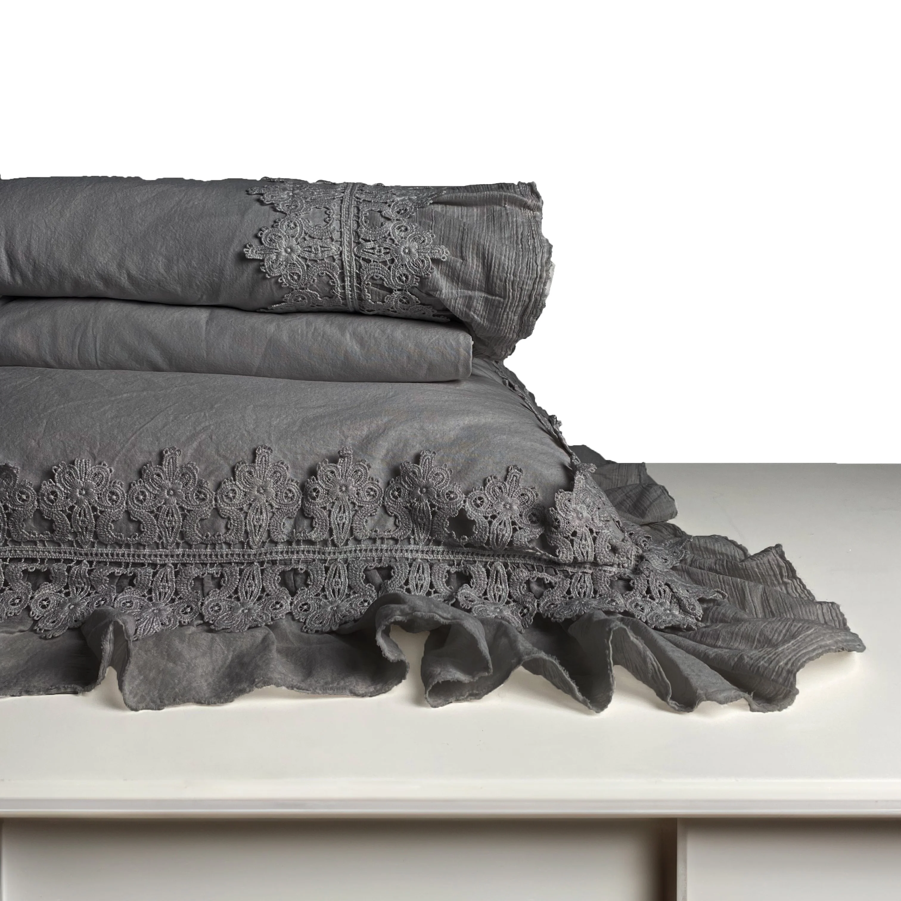Completo Lenzuola in Cotone Stonewashed con Galetta e Pizzo - Ophelia - Image 14