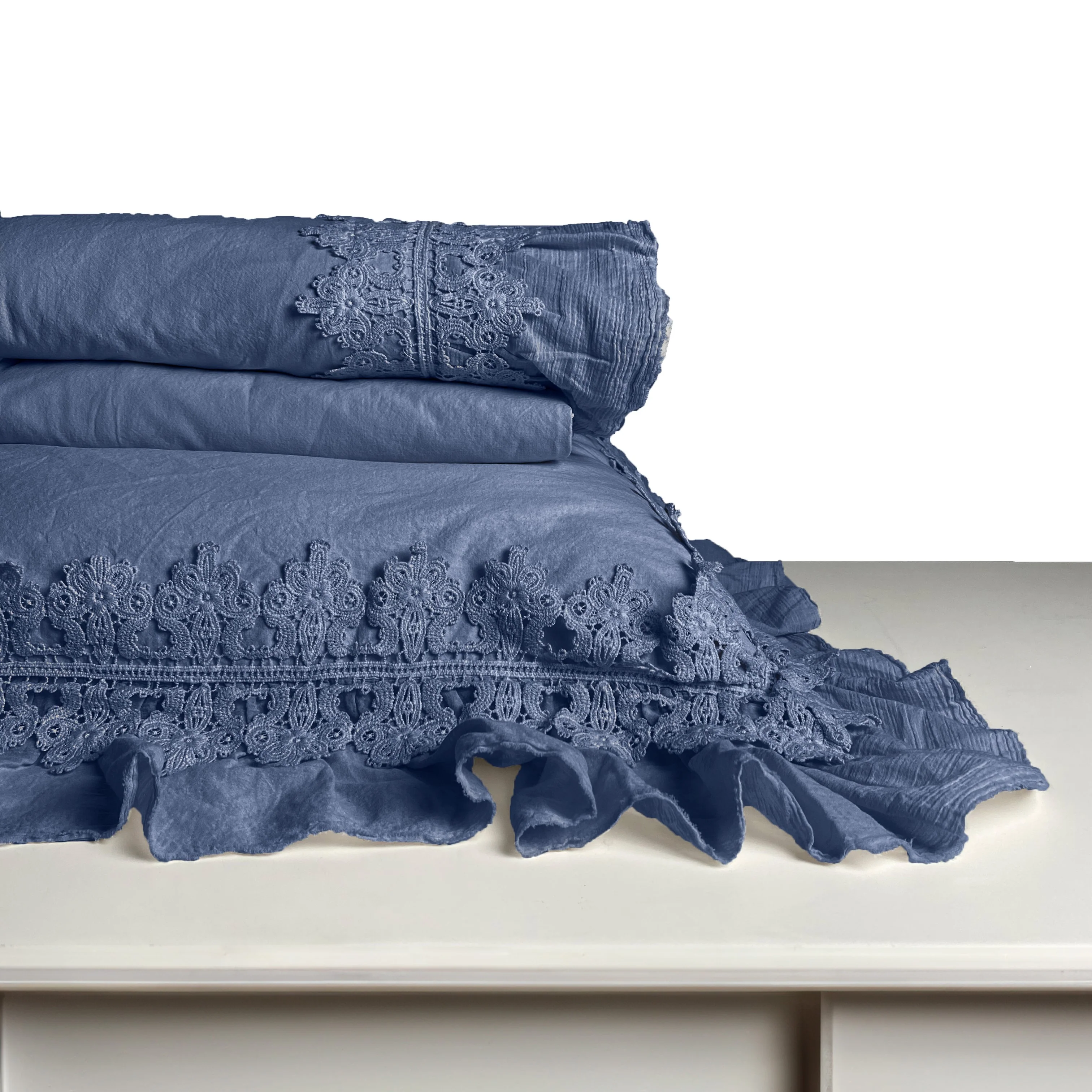 Completo Lenzuola in Cotone Stonewashed con Galetta e Pizzo - Ophelia - Image 3