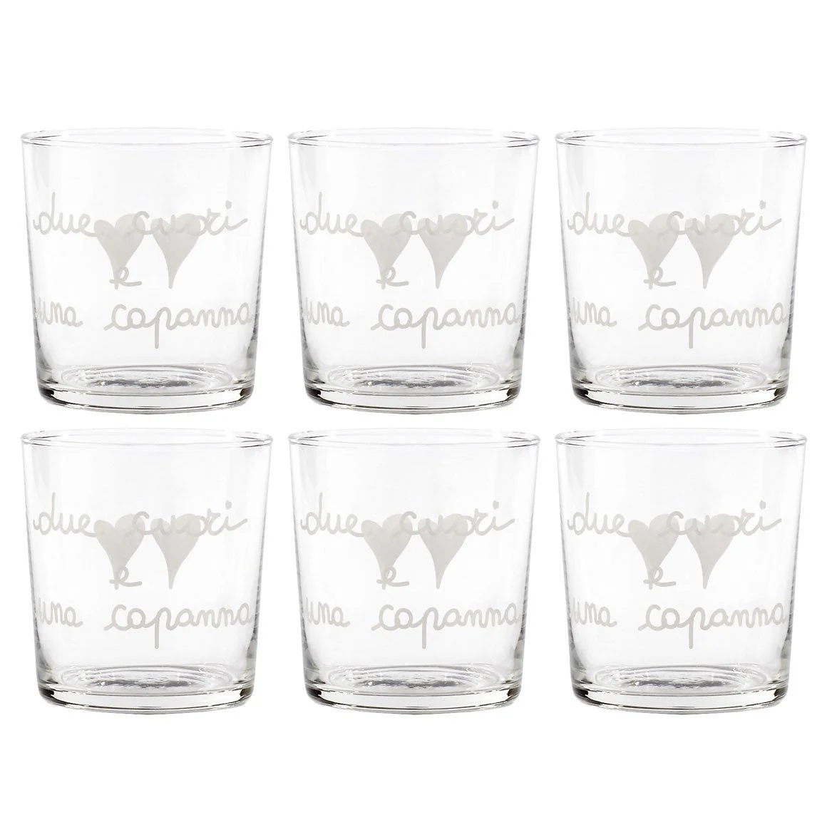 Set 6 Bicchieri in Vetro Temperato Acqua Serigrafati - Due Cuori