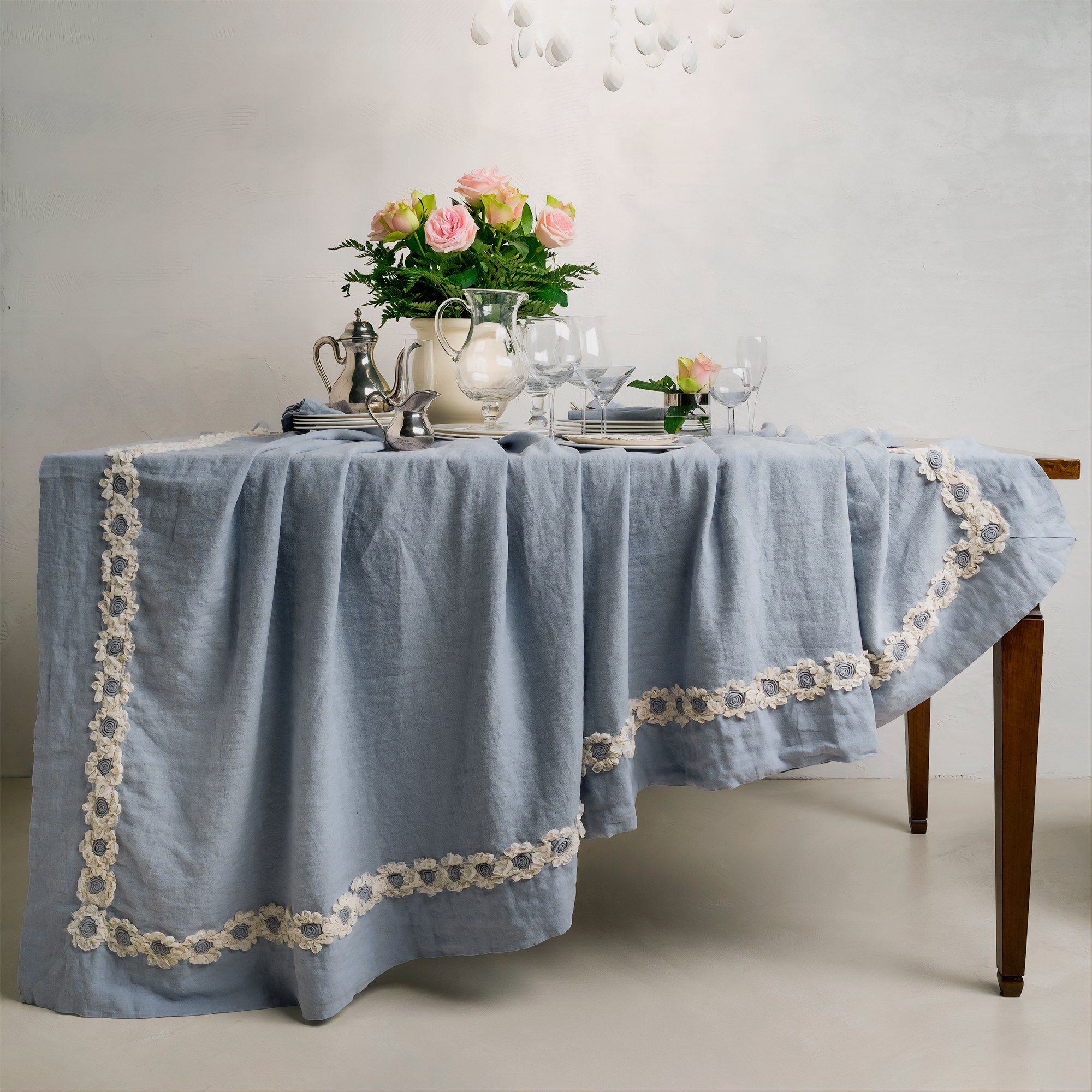 Tovaglia in puro Lino Stonewashed con inserto floreale - Peonie - Image 4
